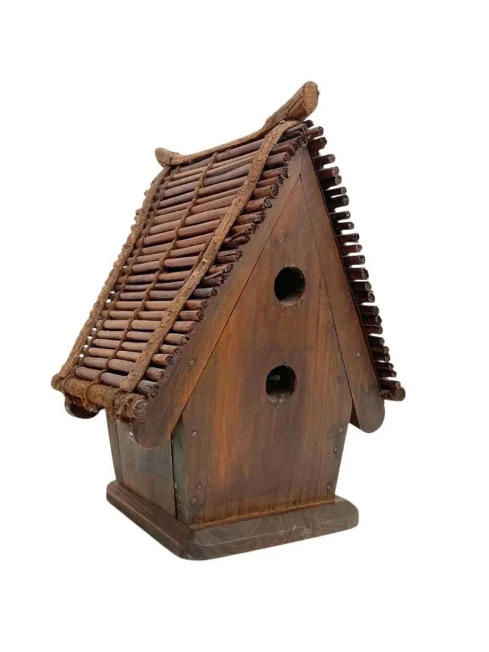 Large Rustic Wooden Birdhouse – Natural Twig Roof Garden Decor | Fairy Garden
